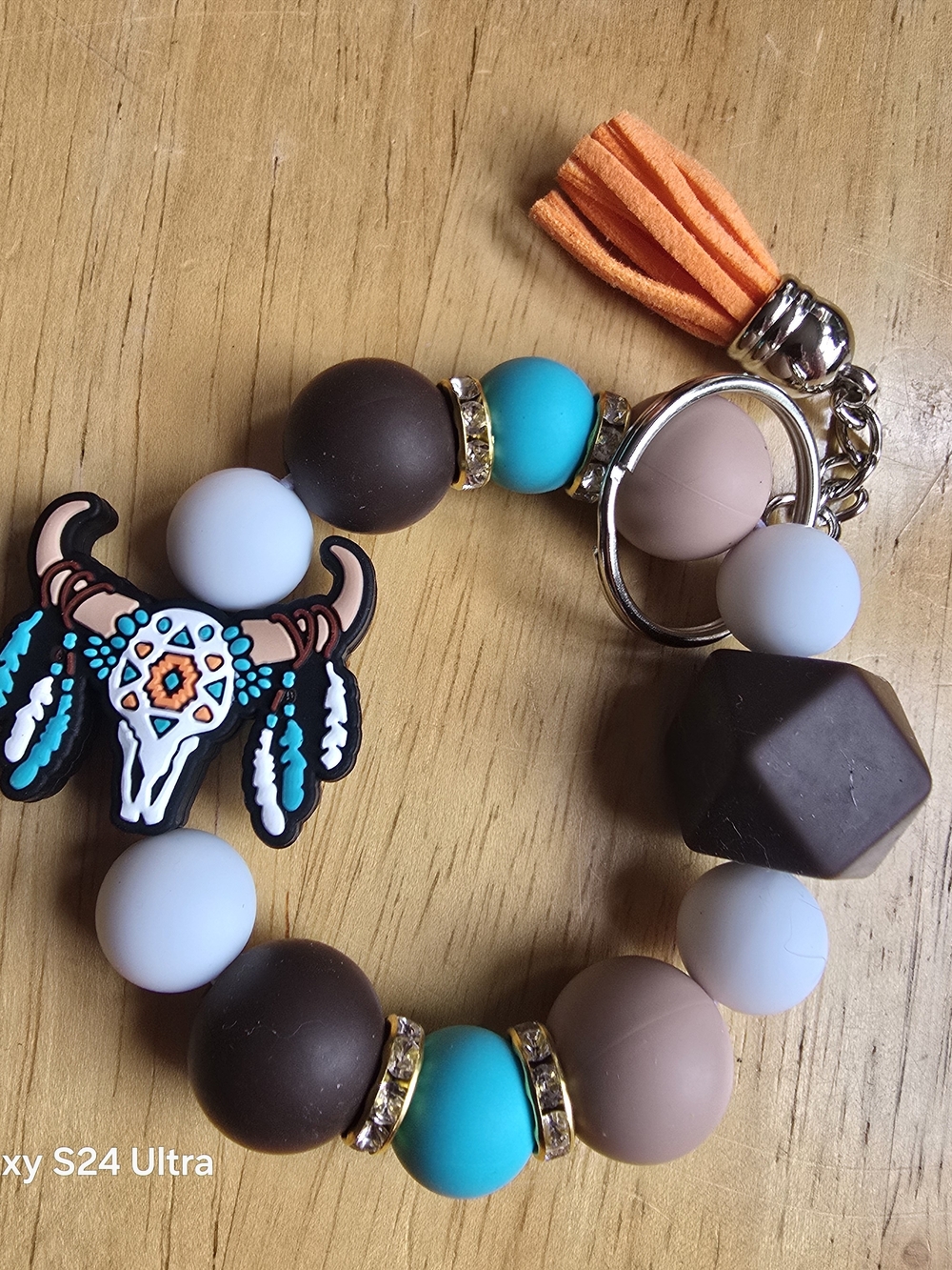 Western Beaded Tassel Keychain with Buffalo Skull Charm- Brown, Turquoise, Cream